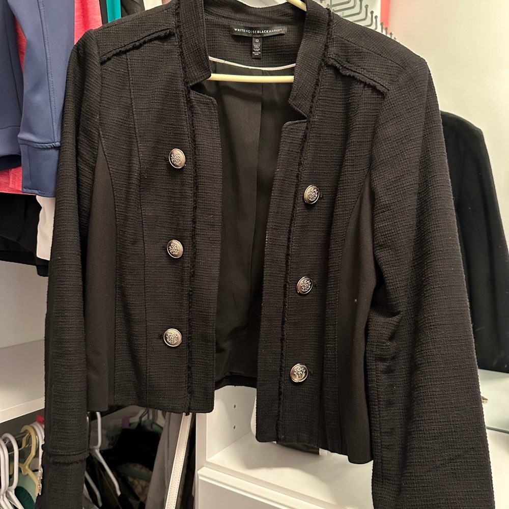 Women’s Black Jacket size 12 Gold Decorative Buttons on jacket and sleeves.